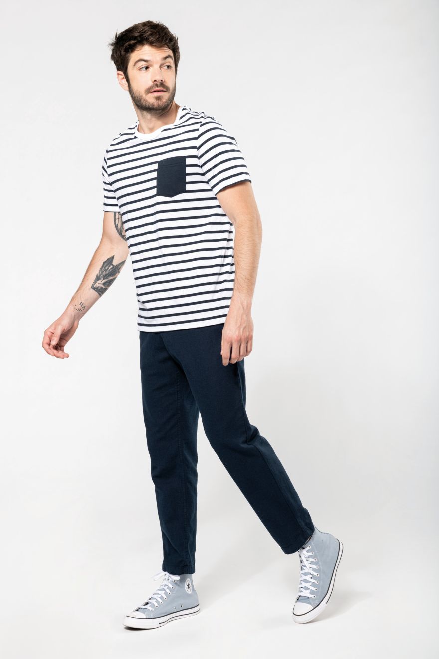 Stribet sømands-t-shirt med kortærmet lomme Kortærmet